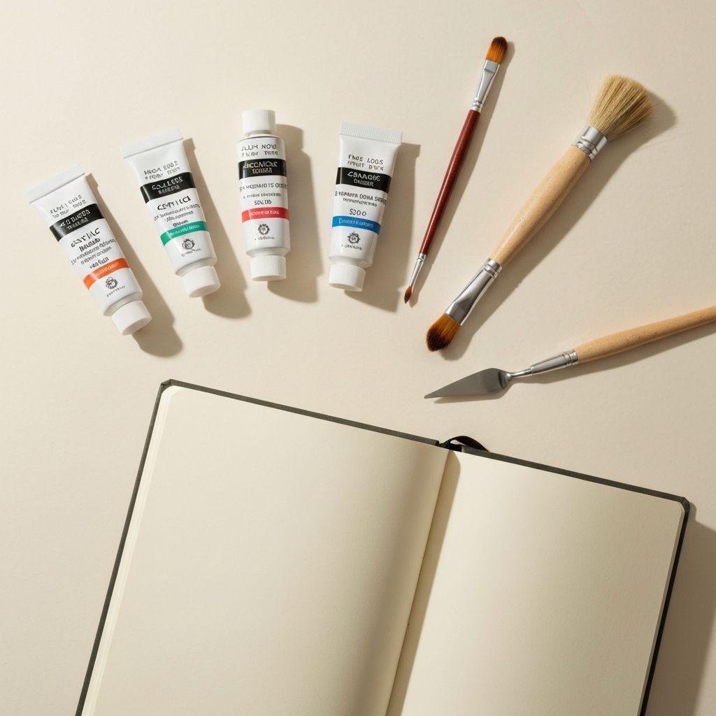 Art supplies — paints, brushes and sketchbook